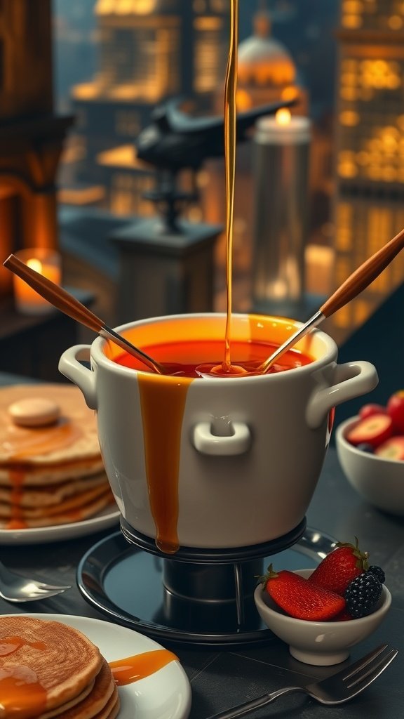 A delicious maple syrup fondue with fruits and pancakes for dipping.