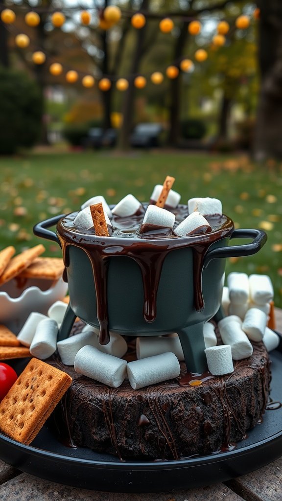 A delicious S'Mores fondue setup with chocolate, marshmallows, and graham crackers.