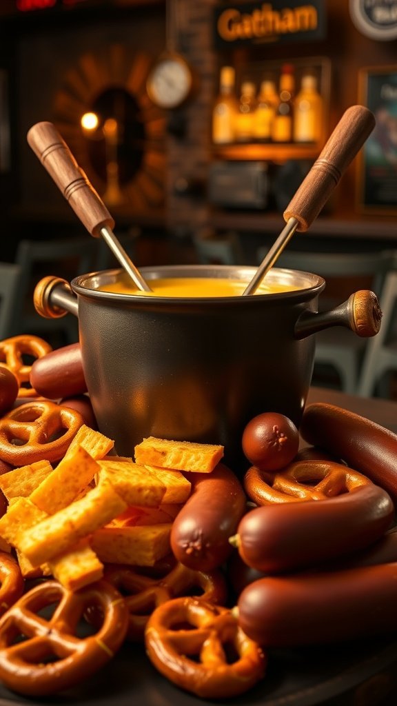 A pot of cheddar beer fondue surrounded by pretzels and sausages in a pub setting.