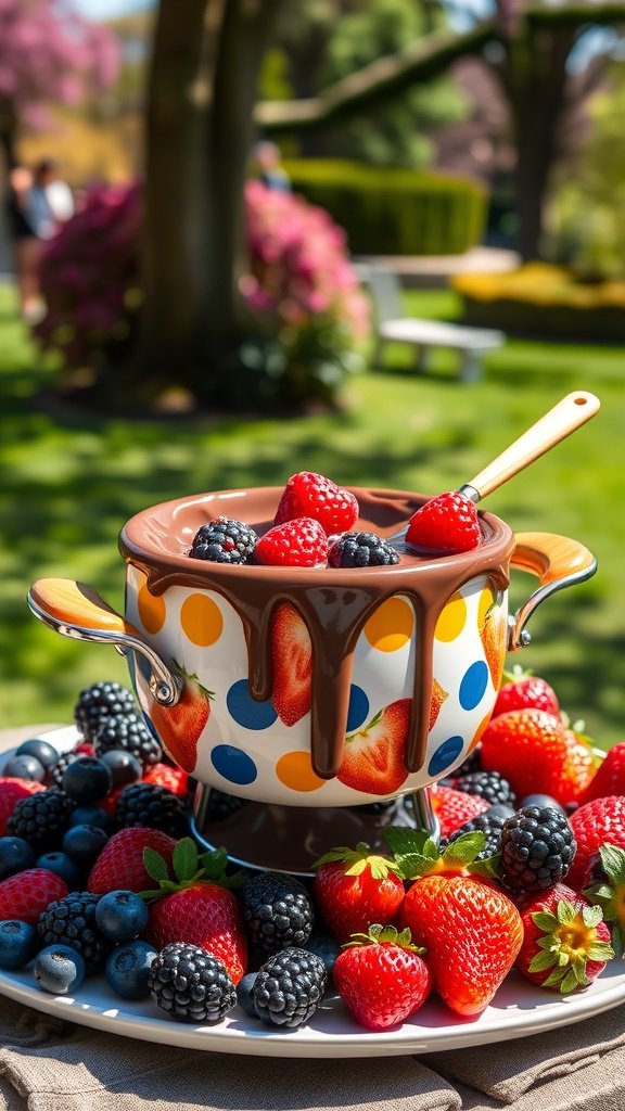 A colorful fondue pot filled with melted chocolate surrounded by fresh strawberries, blueberries, and blackberries.