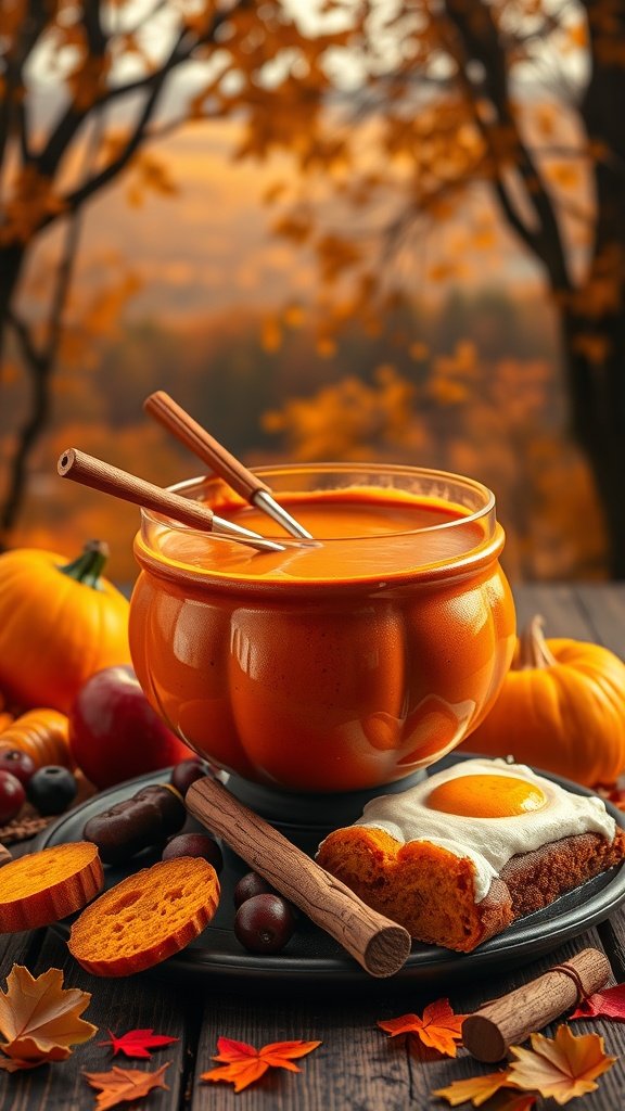 A bowl of pumpkin spice fondue surrounded by autumn-themed dippers like apples and cookies.