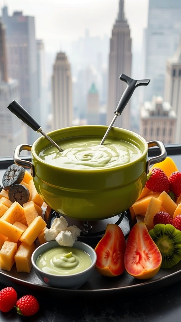 A vibrant green matcha fondue served with fresh fruits and marshmallows