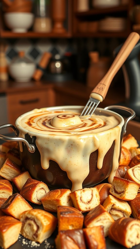 A pot of cinnamon roll fondue with mini cinnamon rolls around it.