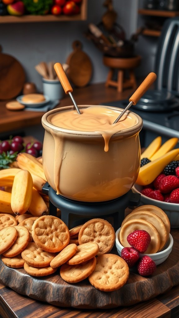A bowl of creamy peanut butter fondue surrounded by fresh fruits and cookies for dipping.