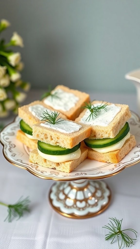Cucumber and cream cheese sandwiches arranged elegantly on a tiered stand for high tea.