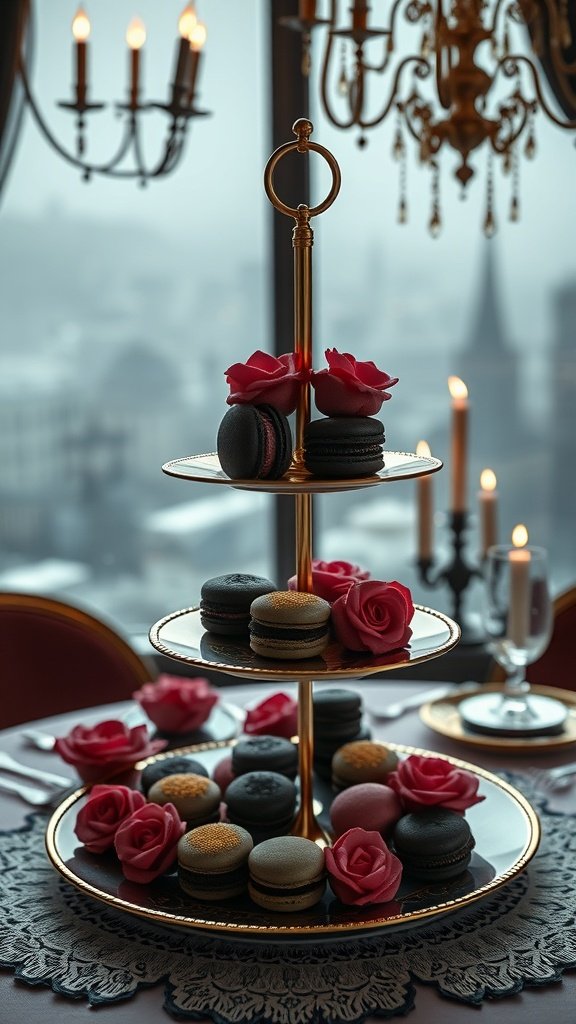 A three-tiered high tea tower featuring rose petal macarons and fresh roses, set against an elegant backdrop.