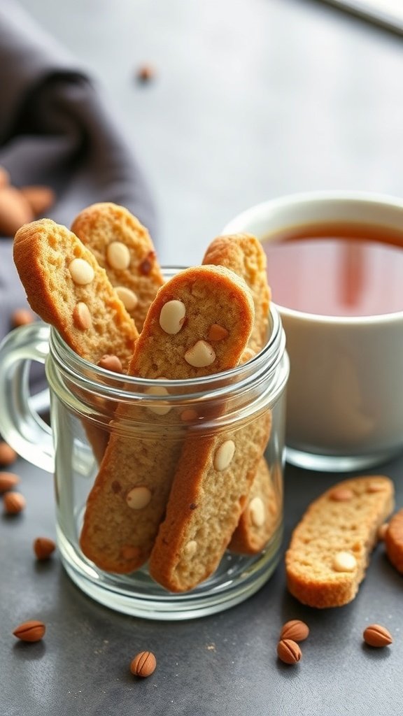 A beautifully arranged high tea tower featuring honey and almond biscotti, macarons, and a cup of tea.