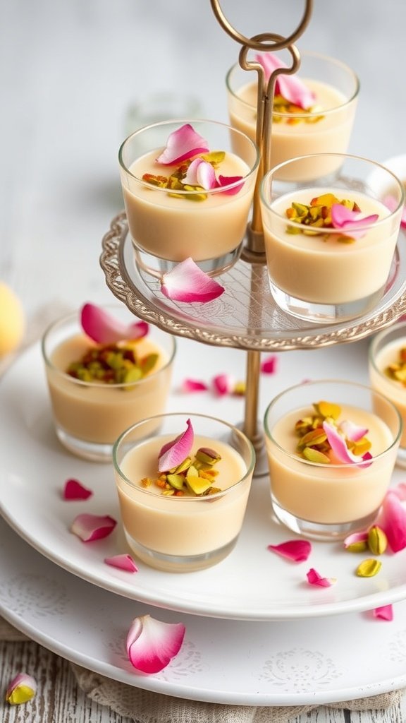 A tiered serving stand with pistachio and rose water pudding cups, surrounded by decorative elements.