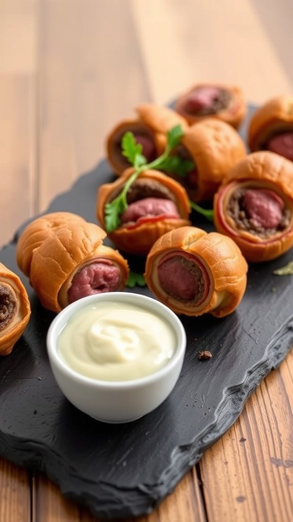 Mini Beef Wellington Bites on a high tea tower