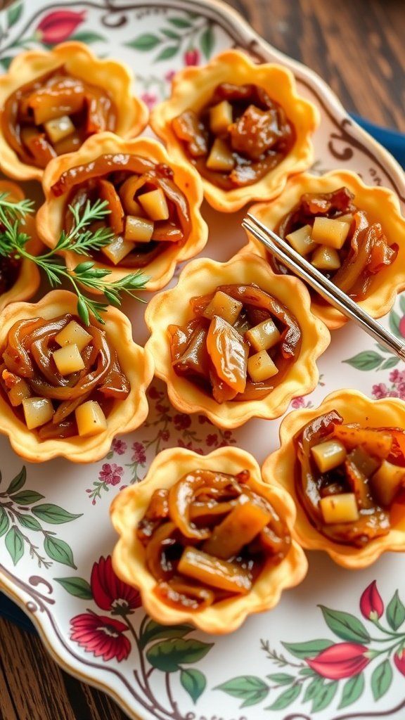 A tiered stand filled with caramelized onion and Gruyère tartlets, elegantly displayed for a high tea setting.