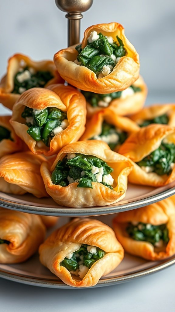 A tiered stand filled with savory spinach and ricotta puffs, perfect for a high tea setting.