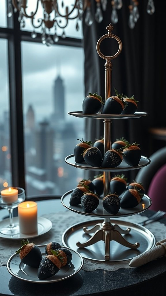 A tiered stand with chocolate dipped strawberries topped with sea salt, elegantly presented for high tea.