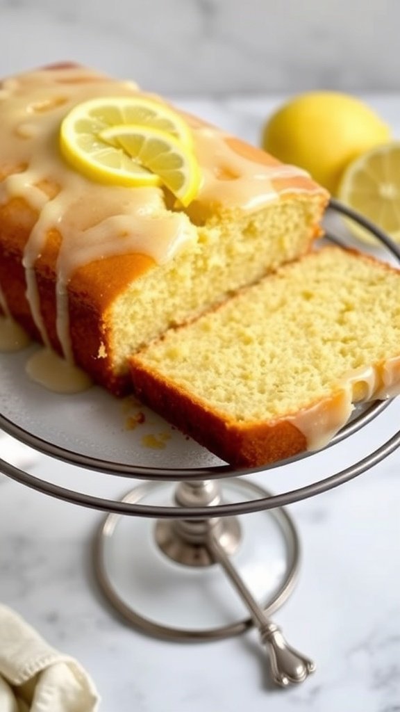 A beautifully arranged high tea tower featuring a lemon drizzle loaf cake and assorted pastries.