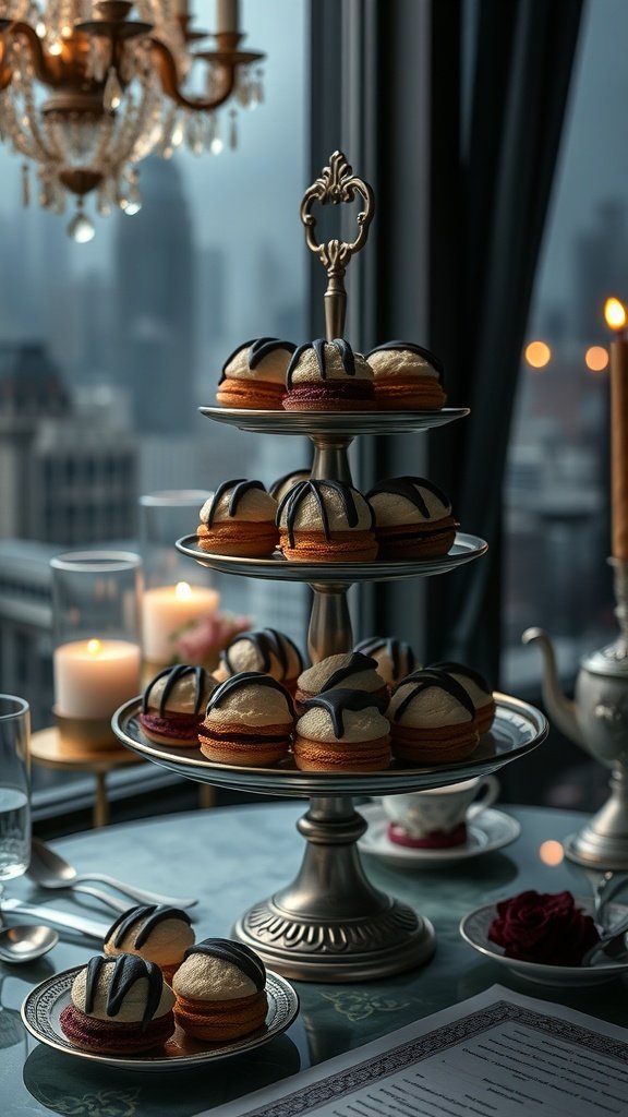 A tiered stand filled with coconut macaroons drizzled with dark chocolate, set against a backdrop of a city skyline.