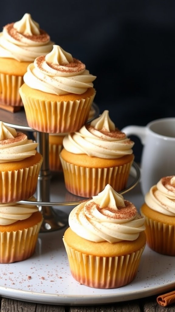 A tiered stand filled with spiced chai latte cupcakes, elegantly displayed with a city skyline in the background.