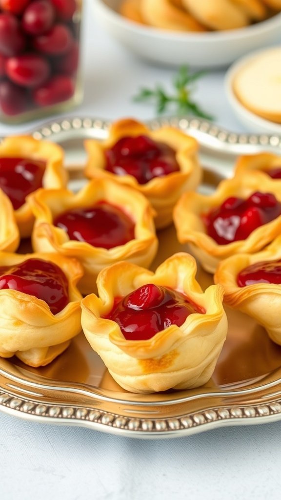A tiered high tea tower featuring assorted pastries, including brie and cranberry puff pastry bites.