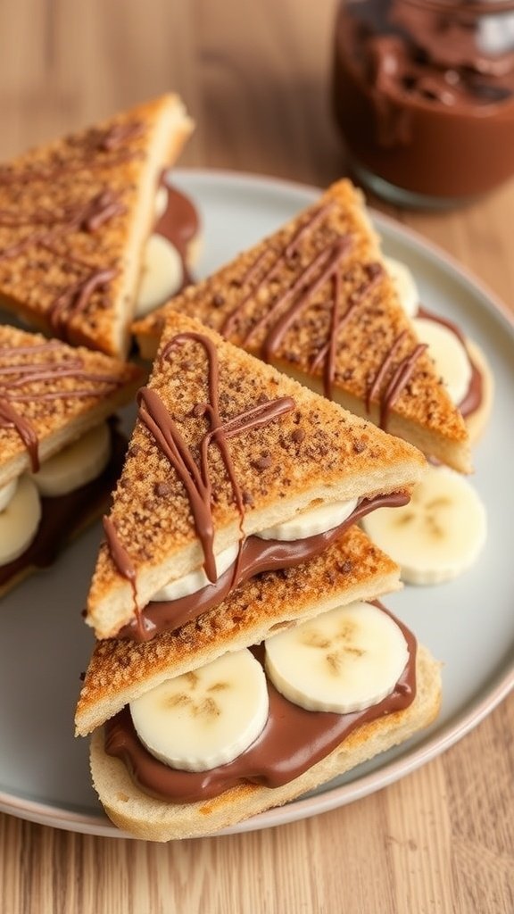 A tiered stand filled with chocolate hazelnut spread and banana sandwiches, elegantly presented for high tea.
