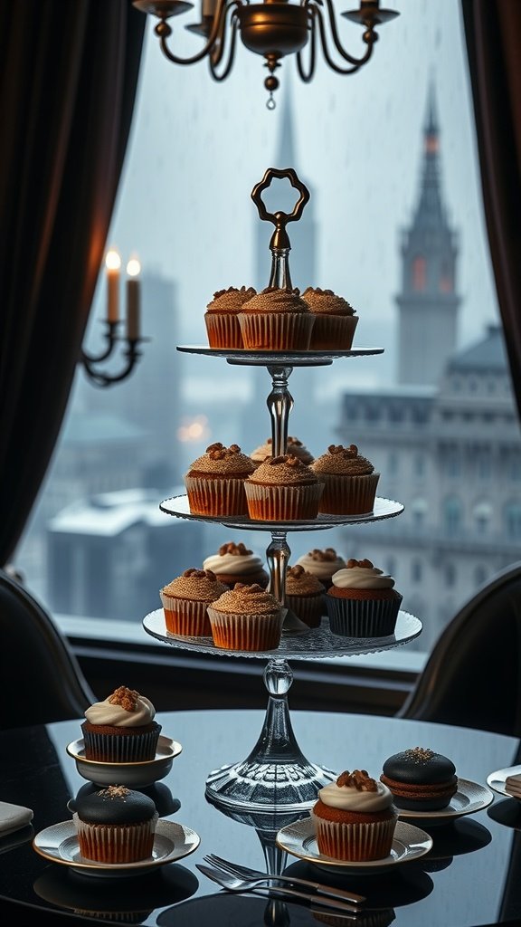 A tiered stand with carrot cake mini muffins topped with cream cheese frosting, set against a city skyline.