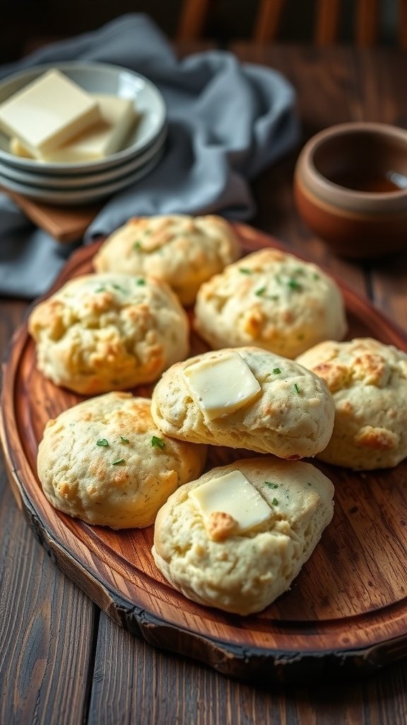 A beautiful display of savory cheese and chive scones on a high tea tower, surrounded by elegant tea cups and a cozy atmosphere.