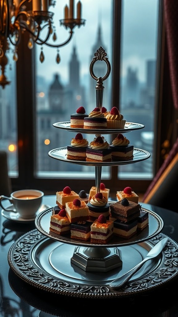 A tiered serving stand filled with raspberry and white chocolate cheesecake bites, elegantly displayed for high tea.