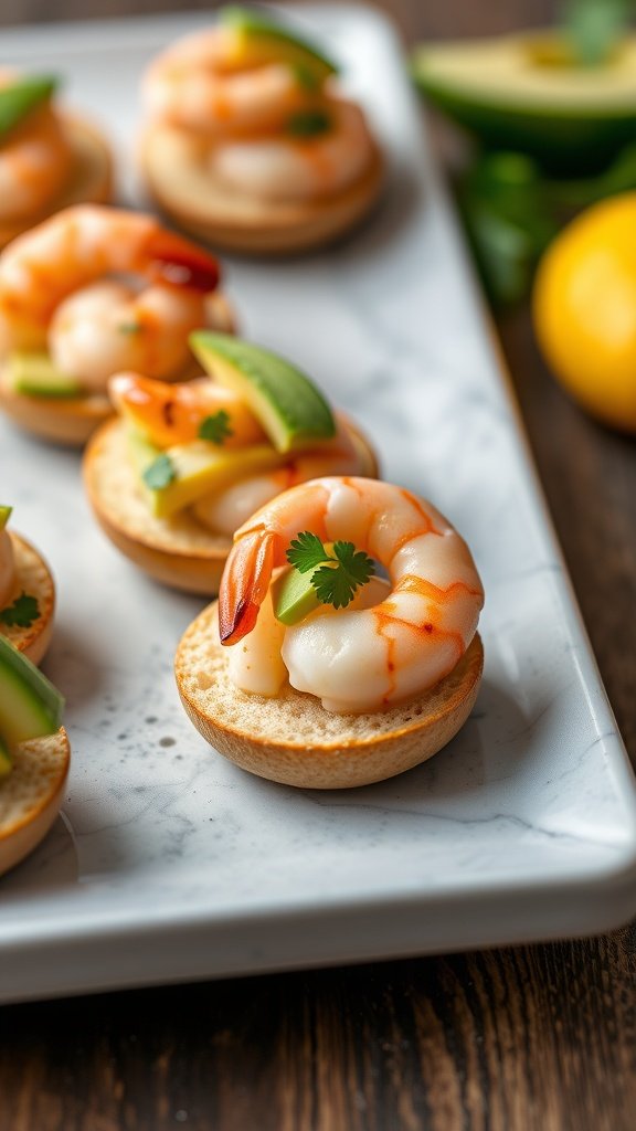 A tiered high tea tower featuring spicy shrimp and avocado canapés alongside other elegant treats.