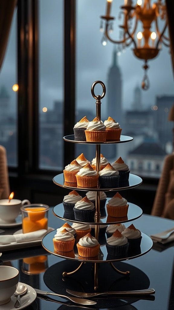 A tiered stand with lemon tartlets topped with meringue, elegantly displayed for high tea.