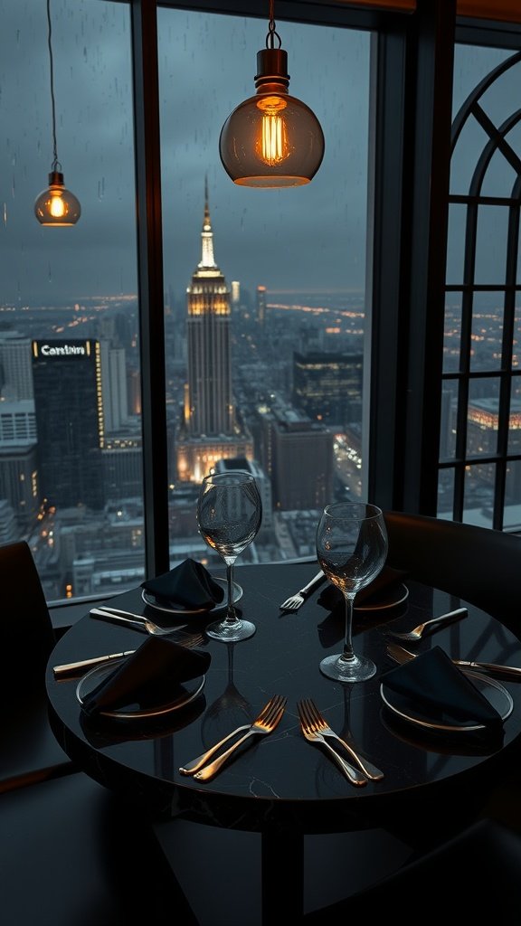 A stylish black marble table set for two with elegant glassware and a view of the Gotham skyline at night.