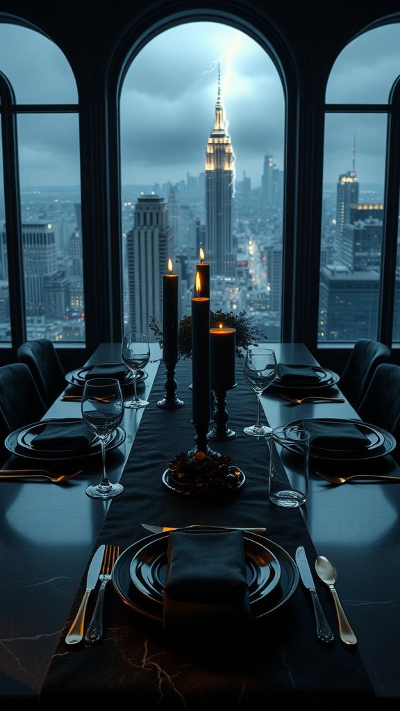 A luxurious dining table set against a Gotham City skyline, featuring moody colors, upscale tableware, and dramatic lighting.