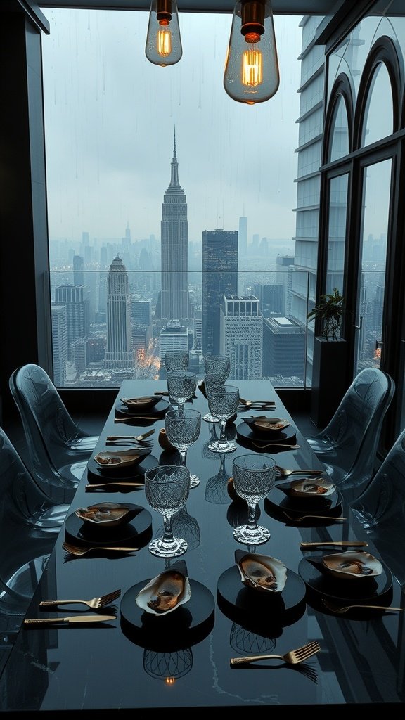A luxurious dining table set against the Gotham skyline, featuring crystal glassware, black plates, and dramatic lighting.