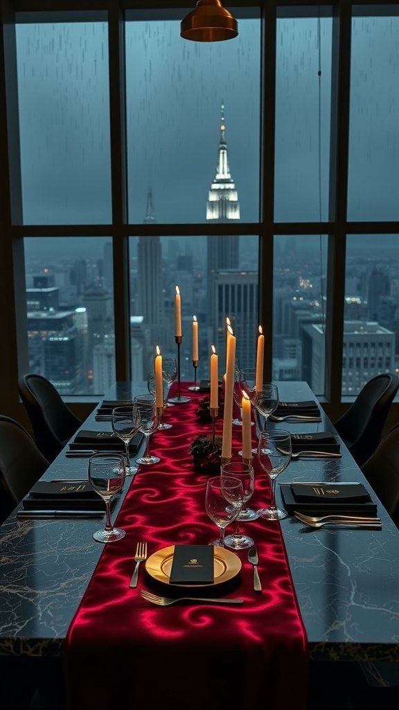 A luxurious table setting with a velvet runner, gold plates, and candlelight, overlooking the Gotham skyline.