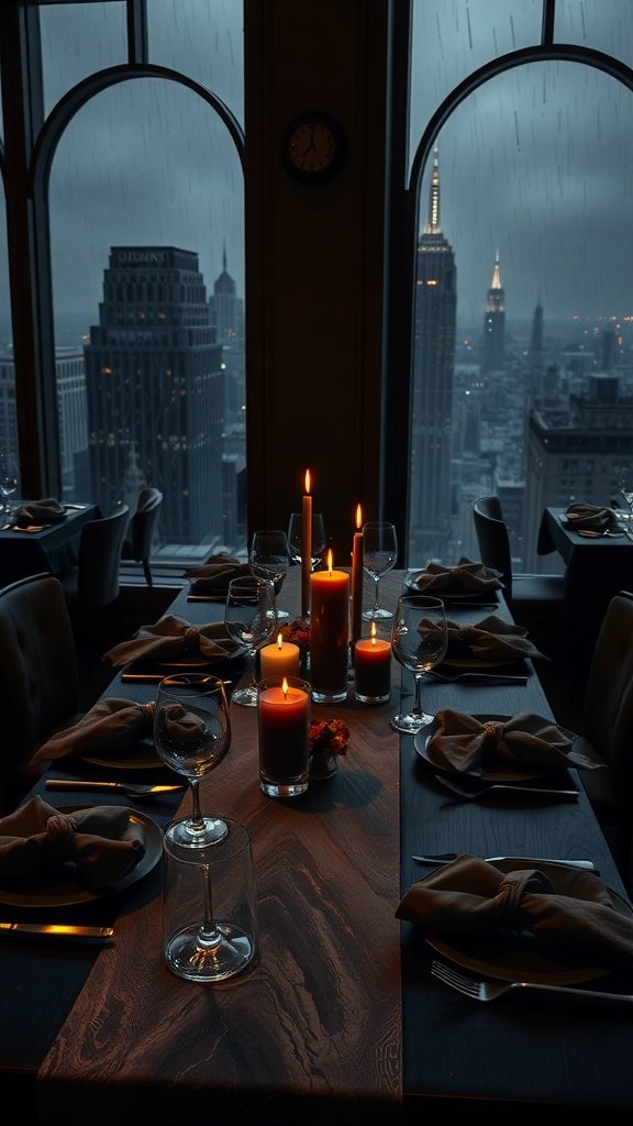 A beautifully set table with candles and elegant tableware, overlooking a rainy Gotham City skyline.