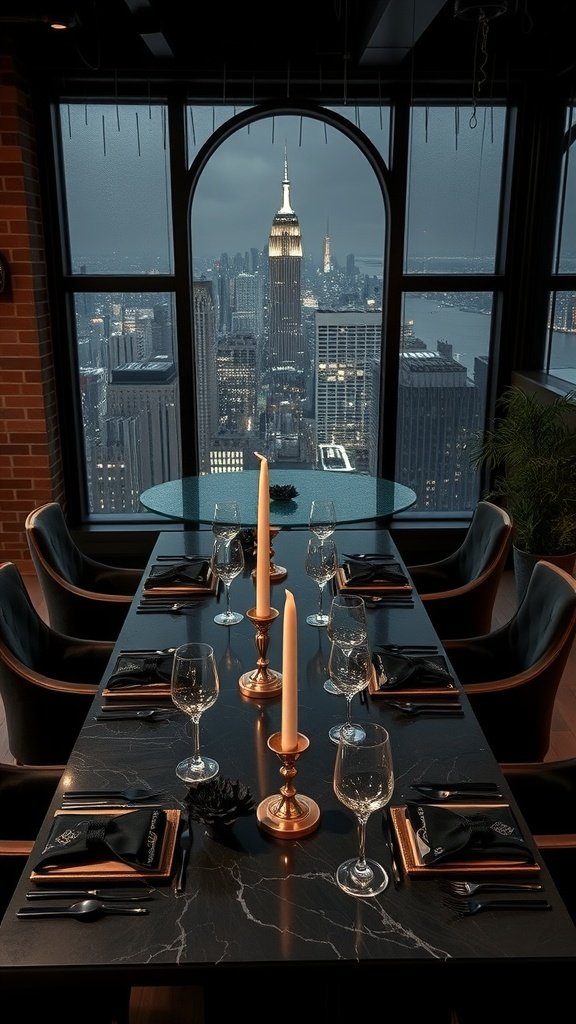 A luxurious dining table set in a Gotham-inspired apartment, featuring elegant tableware, candles, and a stunning skyline view.