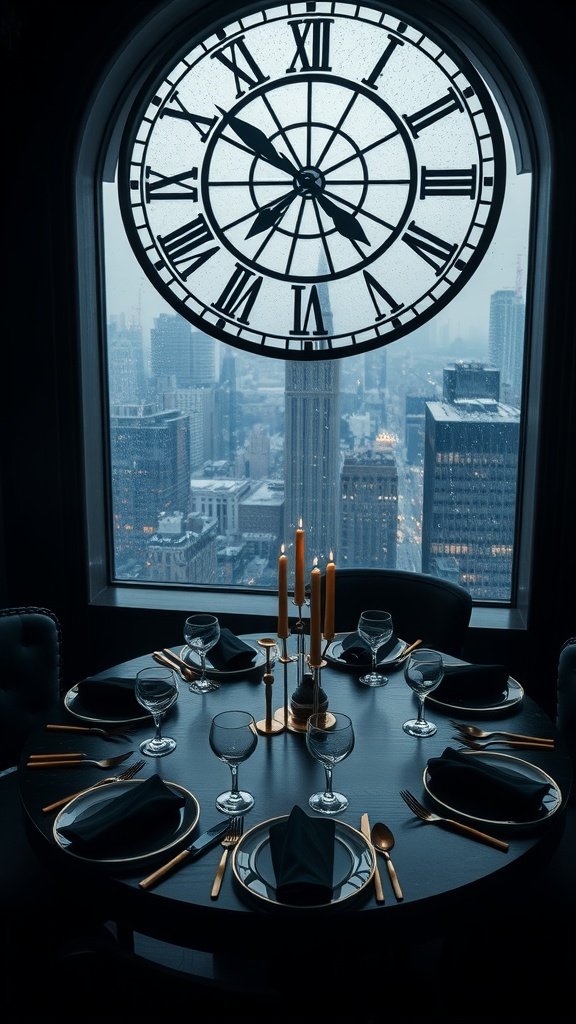 A luxurious dinner setting in a Gotham City clocktower with a round table, elegant tableware, and a large clock in the background.