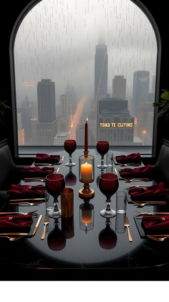 A luxurious dinner table setting with red wine and candlelight, overlooking a rainy Gotham skyline.