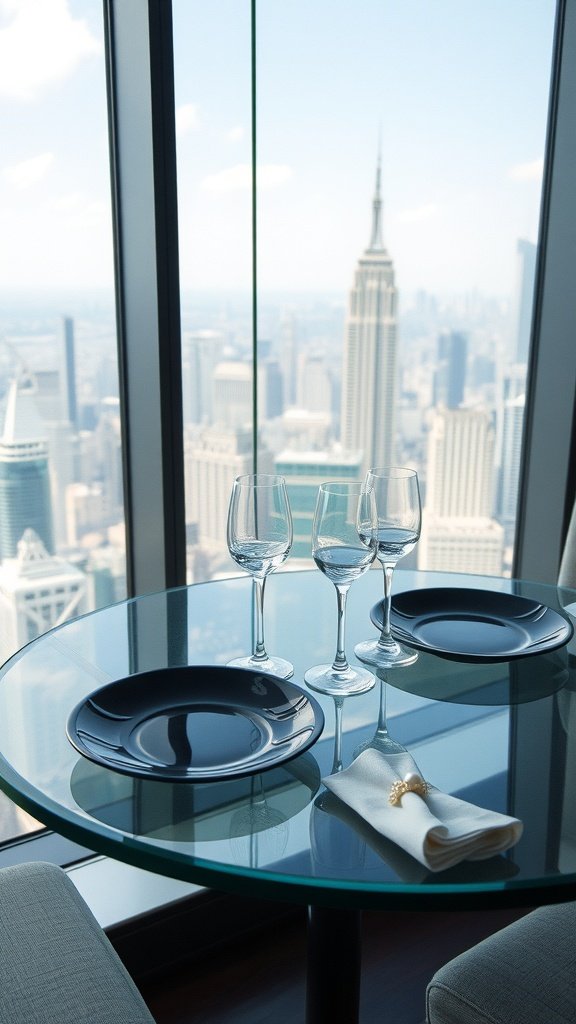 Elegant Gotham-inspired table setting with black plates, crystal glasses, and gold flatware, overlooking a city skyline.