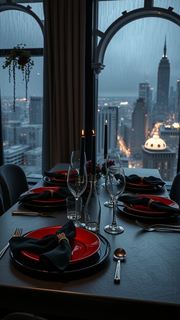 A beautifully set dinner table with crimson plates and black napkins, overlooking the Gotham skyline through rain-streaked windows.