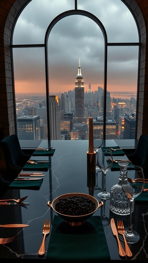 A luxurious dining table set in a Gotham City apartment, featuring a black marble table, crystal glassware, gold cutlery, and a bowl of blueberries, with a dramatic skyline view through rain-streaked windows.