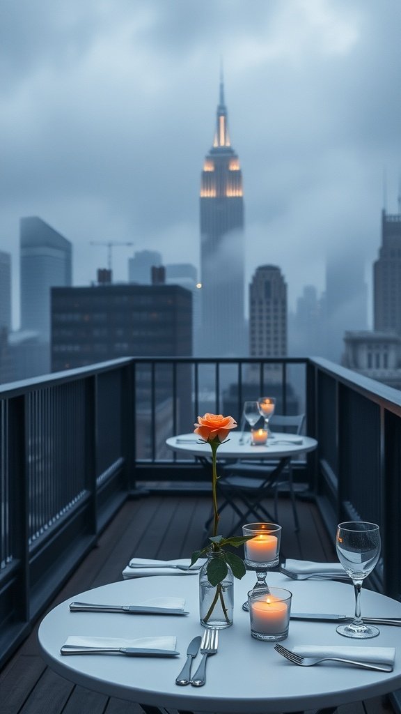 A luxurious rooftop dinner setting with a view of the Gotham skyline, featuring elegant tableware and candlelight.