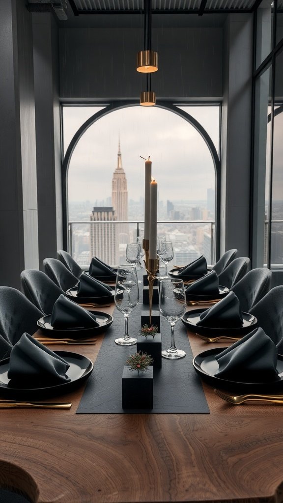 A luxurious table setting in a Gotham City apartment with skyline views, featuring black plates, crystal glasses, and elegant decor.