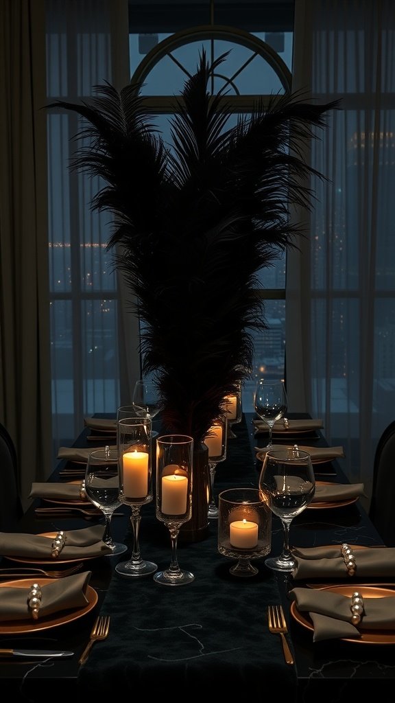 A luxurious dinner table setting with candles, feathers, and elegant tableware, overlooking the Gotham skyline.