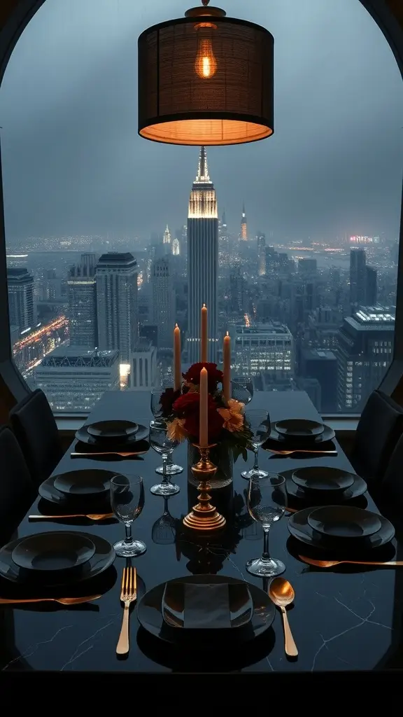 An intimate table setting with black plates and gold cutlery, featuring a view of Gotham's skyline through rain-streaked glass.