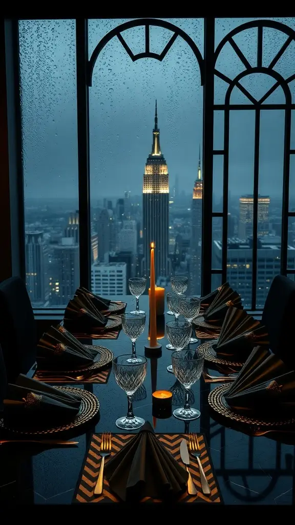 A luxurious dining table set with crystal glassware, gold accents, and moody decor, overlooking the Gotham skyline through rain-streaked windows.