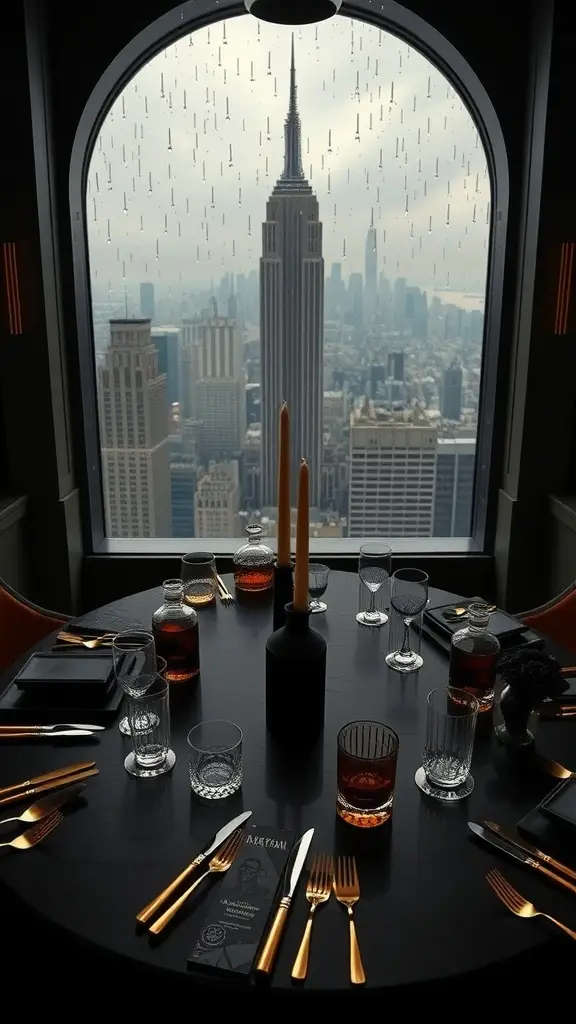 A luxurious whiskey hour table setting in a Gotham City apartment with a view of the skyline.
