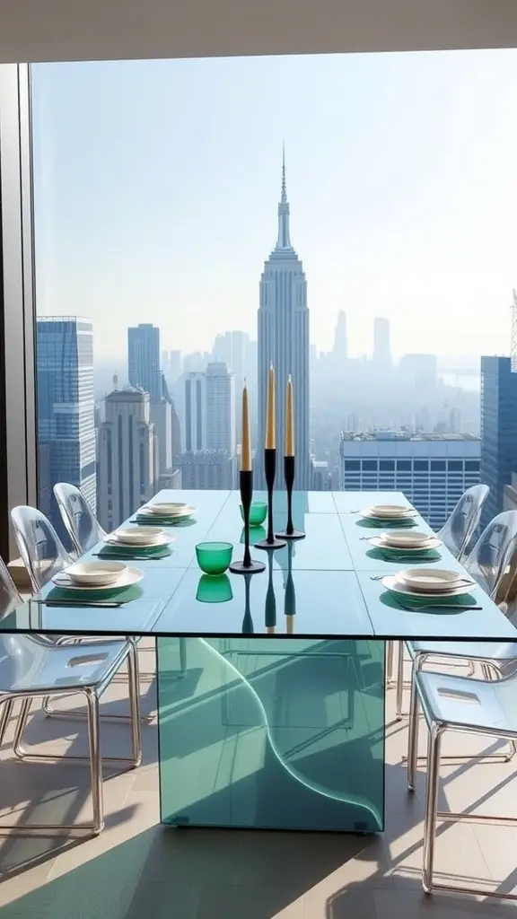 A luxurious dining table set in a Gotham City apartment with a view of the skyline, featuring black plates, crystal glassware, and red flowers.