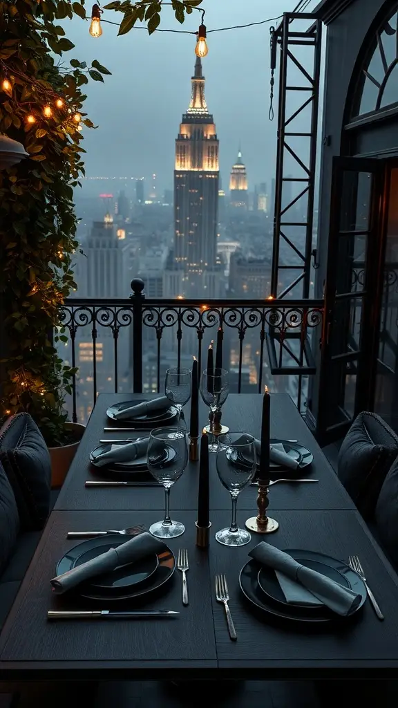 A beautifully set table on a balcony overlooking a city skyline at night, featuring elegant tableware and candlelight.