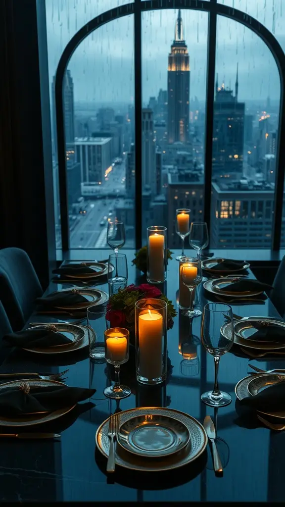 A romantic table setting with candlelight and a view of the Gotham skyline through rain-streaked glass.