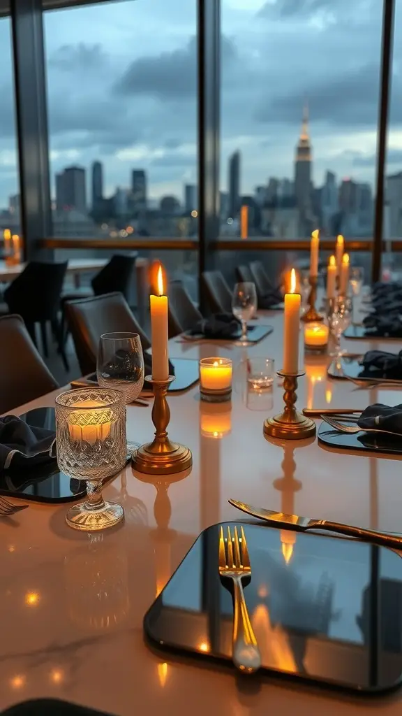 A luxurious dinner table set in a Gotham City apartment, featuring candlelight, elegant tableware, and a view of the skyline.
