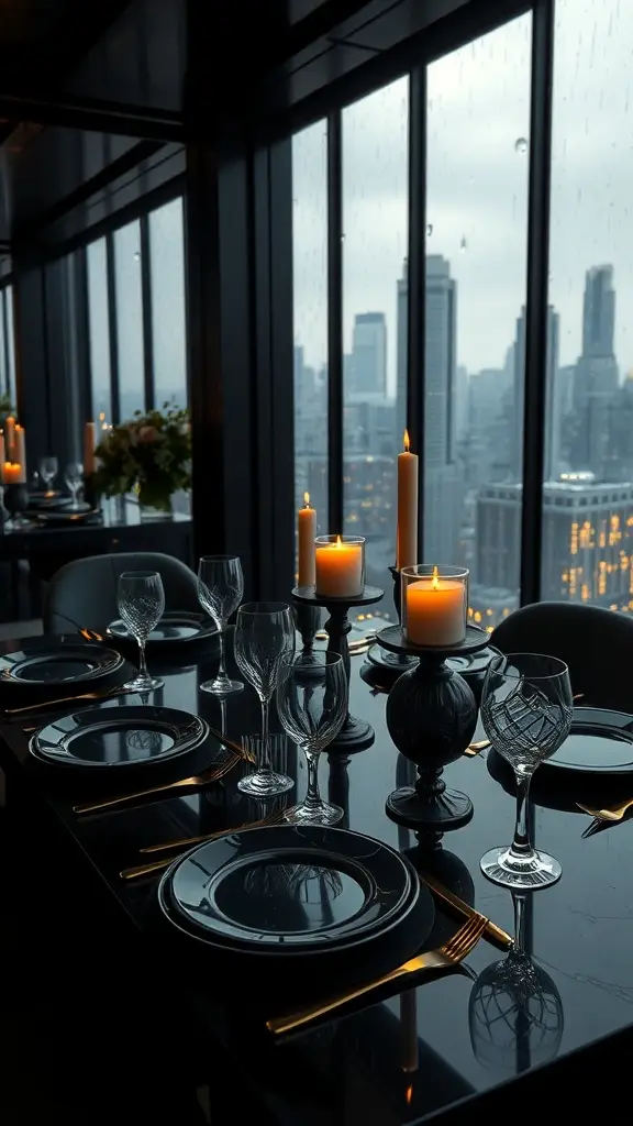 A luxurious table setting with black plates, crystal glassware, and candles, overlooking a rainy Gotham City skyline.