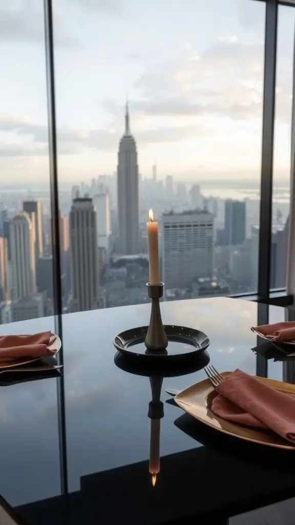 A luxurious dining table set with crystal glassware and a candle, overlooking the Gotham skyline through rain-streaked windows.