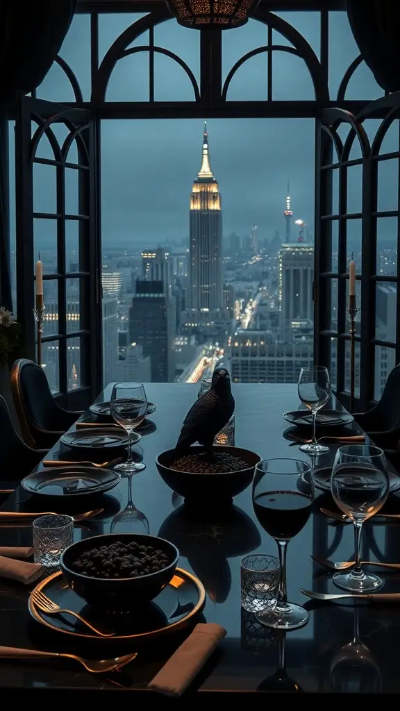 A luxurious table setting with a view of Gotham's skyline, featuring caviar, a crow, and elegant decor.
